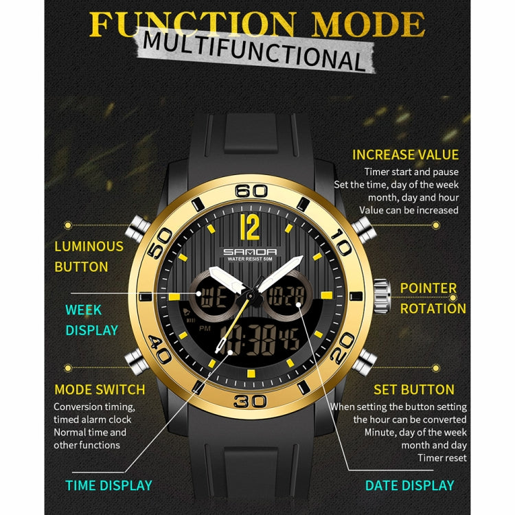 SANDA 3106 Orologio elettronico antiurto luminoso per sport all'aria aperta da uomo con doppio display digitale