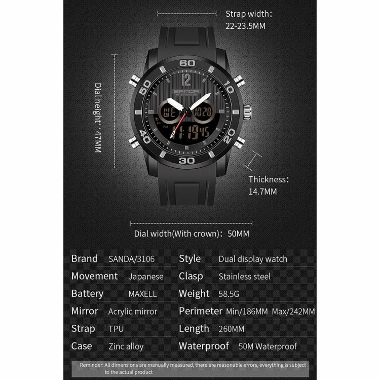 SANDA 3106 Orologio elettronico antiurto luminoso per sport all'aria aperta da uomo con doppio display digitale