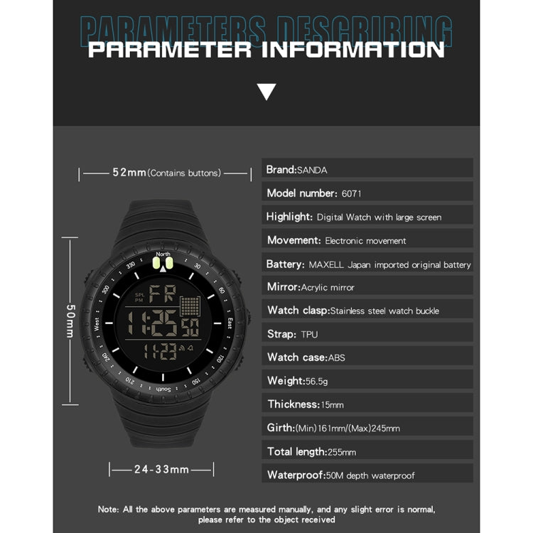 SANDA 6071 Display digitale a LED con schermo a tre divisioni Cronometro luminoso Orologio elettronico sportivo da uomo multifunzionale