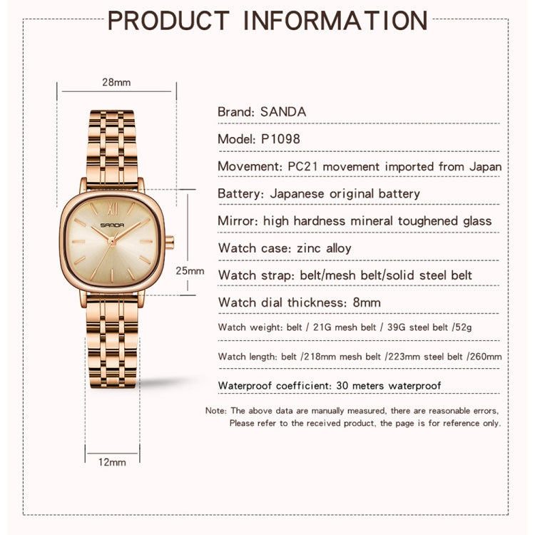 SANDA P1098 Orologio al quarzo da donna con quadrante ovale con scala a barra semplice