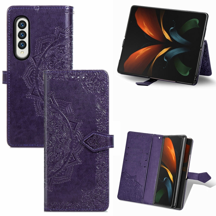 Custodia in pelle con motivo mandala in rilievo per PC + TPU orizzontale con supporto e slot per schede, For Samsung Galaxy Z Fold3 5G