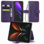 Custodia in pelle con protezione per telefono cellulare con fibbia in rilievo con chiusura a quattro foglie con cordino e slot per schede e portafoglio e funzione staffa, For Samsung Galaxy Z Fold3 5G