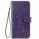 Custodia in pelle con protezione per telefono cellulare con fibbia in rilievo con chiusura a quattro foglie con cordino e slot per schede e portafoglio e funzione staffa, For Samsung Galaxy Z Fold3 5G
