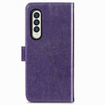 Custodia in pelle con protezione per telefono cellulare con fibbia in rilievo con chiusura a quattro foglie con cordino e slot per schede e portafoglio e funzione staffa, For Samsung Galaxy Z Fold3 5G