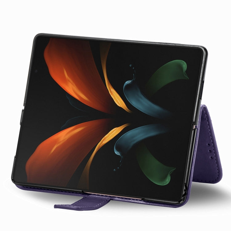 Custodia in pelle con protezione per telefono cellulare con fibbia in rilievo con chiusura a quattro foglie con cordino e slot per schede e portafoglio e funzione staffa, For Samsung Galaxy Z Fold3 5G