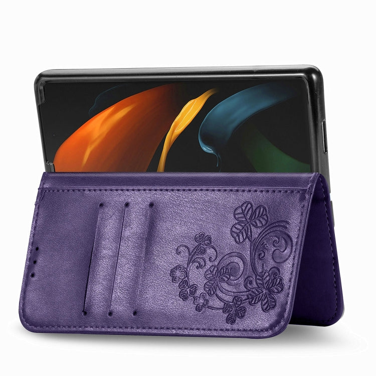 Custodia in pelle con protezione per telefono cellulare con fibbia in rilievo con chiusura a quattro foglie con cordino e slot per schede e portafoglio e funzione staffa, For Samsung Galaxy Z Fold3 5G