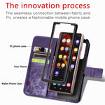 Custodia in pelle con protezione per telefono cellulare con fibbia in rilievo con chiusura a quattro foglie con cordino e slot per schede e portafoglio e funzione staffa, For Samsung Galaxy Z Fold3 5G