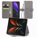 Custodia in pelle con protezione per telefono cellulare con fibbia in rilievo con chiusura a quattro foglie con cordino e slot per schede e portafoglio e funzione staffa, For Samsung Galaxy Z Fold3 5G