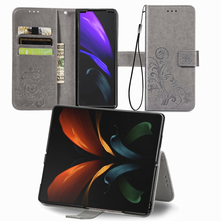 Custodia in pelle con protezione per telefono cellulare con fibbia in rilievo con chiusura a quattro foglie con cordino e slot per schede e portafoglio e funzione staffa, For Samsung Galaxy Z Fold3 5G