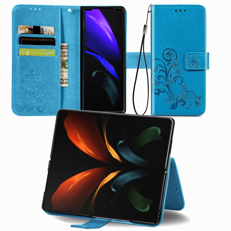 Custodia in pelle con protezione per telefono cellulare con fibbia in rilievo con chiusura a quattro foglie con cordino e slot per schede e portafoglio e funzione staffa, For Samsung Galaxy Z Fold3 5G