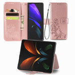 Custodia in pelle con protezione per telefono cellulare con fibbia in rilievo con chiusura a quattro foglie con cordino e slot per schede e portafoglio e funzione staffa, For Samsung Galaxy Z Fold3 5G