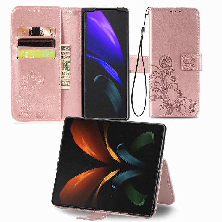 Custodia in pelle con protezione per telefono cellulare con fibbia in rilievo con chiusura a quattro foglie con cordino e slot per schede e portafoglio e funzione staffa, For Samsung Galaxy Z Fold3 5G