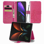Custodia in pelle con protezione per telefono cellulare con fibbia in rilievo con chiusura a quattro foglie con cordino e slot per schede e portafoglio e funzione staffa, For Samsung Galaxy Z Fold3 5G