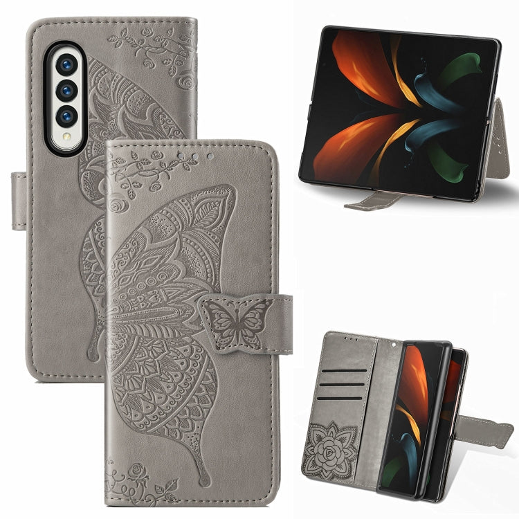 Farfalla Love Flowers Custodia in pelle a ribalta orizzontale goffrata con supporto e fessure per carte e portafoglio e cordino, For Samsung Galaxy Z Fold3 5G