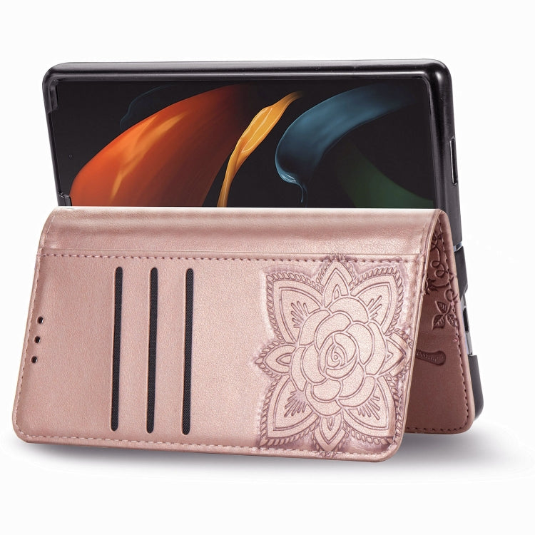 Farfalla Love Flowers Custodia in pelle a ribalta orizzontale goffrata con supporto e fessure per carte e portafoglio e cordino, For Samsung Galaxy Z Fold3 5G