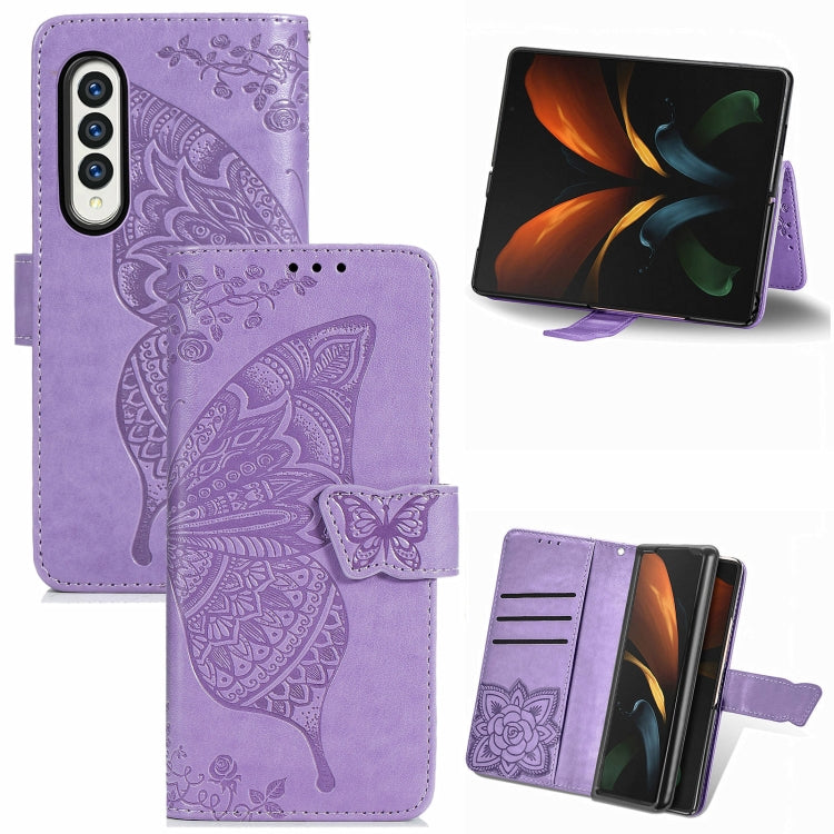 Farfalla Love Flowers Custodia in pelle a ribalta orizzontale goffrata con supporto e fessure per carte e portafoglio e cordino, For Samsung Galaxy Z Fold3 5G
