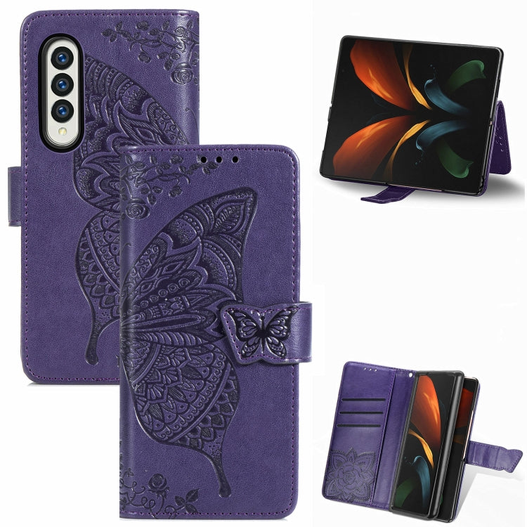 Farfalla Love Flowers Custodia in pelle a ribalta orizzontale goffrata con supporto e fessure per carte e portafoglio e cordino, For Samsung Galaxy Z Fold3 5G