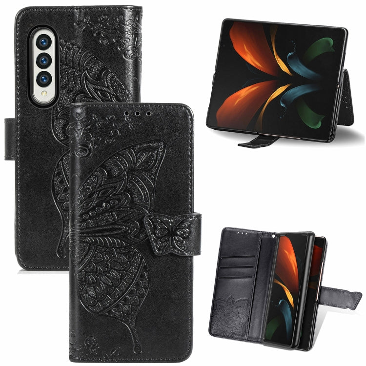 Farfalla Love Flowers Custodia in pelle a ribalta orizzontale goffrata con supporto e fessure per carte e portafoglio e cordino, For Samsung Galaxy Z Fold3 5G