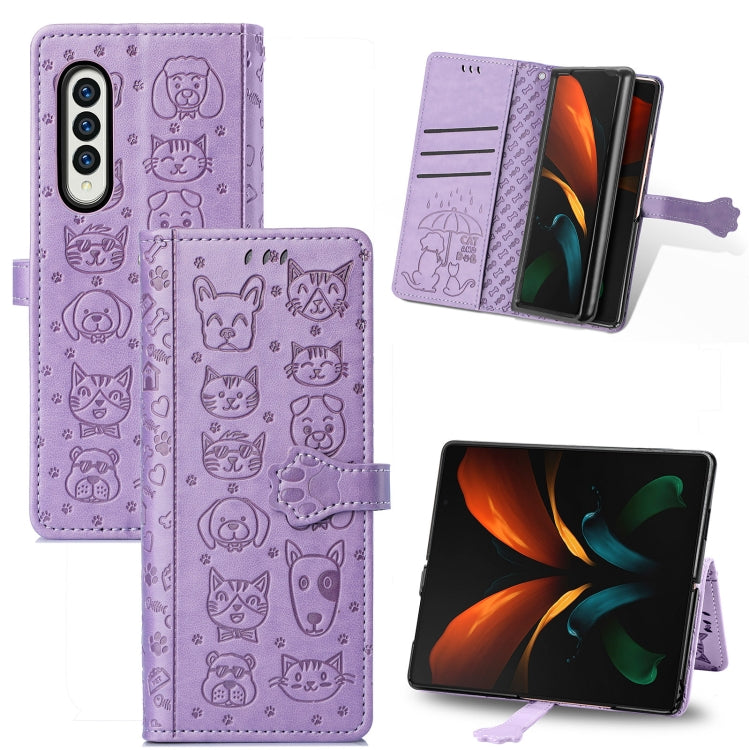 Bella custodia in pelle a vibrazione orizzontale con motivo a rilievo per cani e gatti, con supporto, slot per schede e portafoglio, For Samsung Galaxy Z Fold3 5G