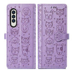 Bella custodia in pelle a vibrazione orizzontale con motivo a rilievo per cani e gatti, con supporto, slot per schede e portafoglio, For Samsung Galaxy Z Fold3 5G