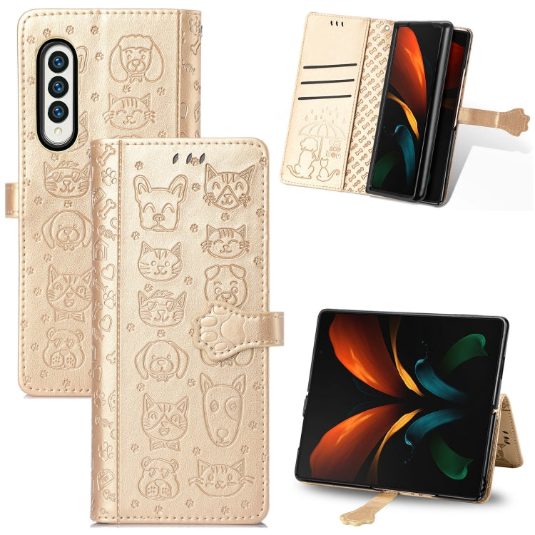 Bella custodia in pelle a vibrazione orizzontale con motivo a rilievo per cani e gatti, con supporto, slot per schede e portafoglio, For Samsung Galaxy Z Fold3 5G