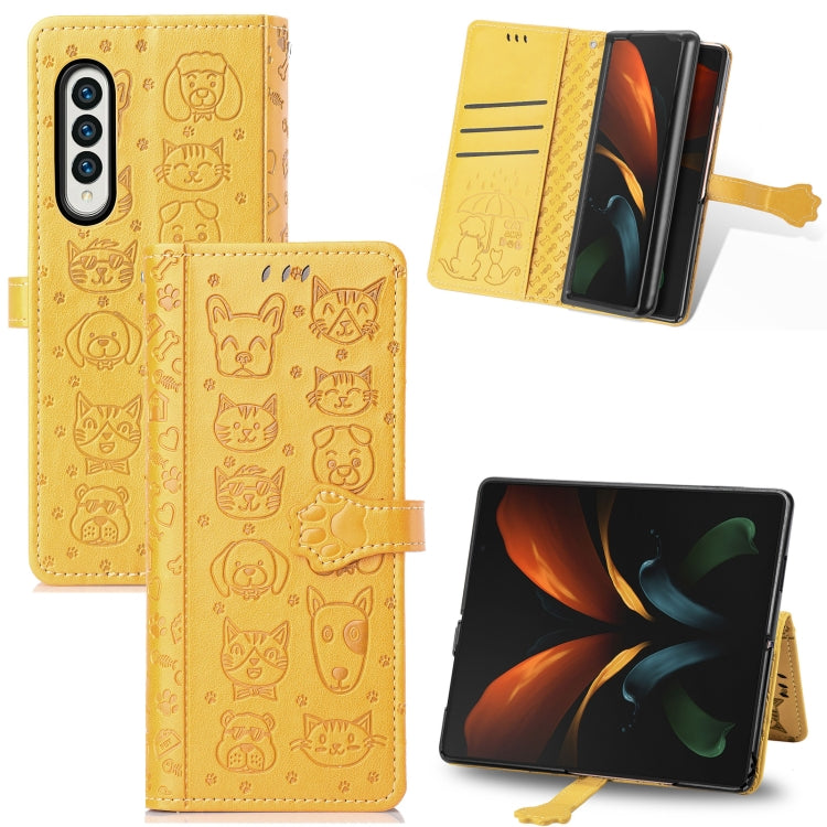 Bella custodia in pelle a vibrazione orizzontale con motivo a rilievo per cani e gatti, con supporto, slot per schede e portafoglio, For Samsung Galaxy Z Fold3 5G