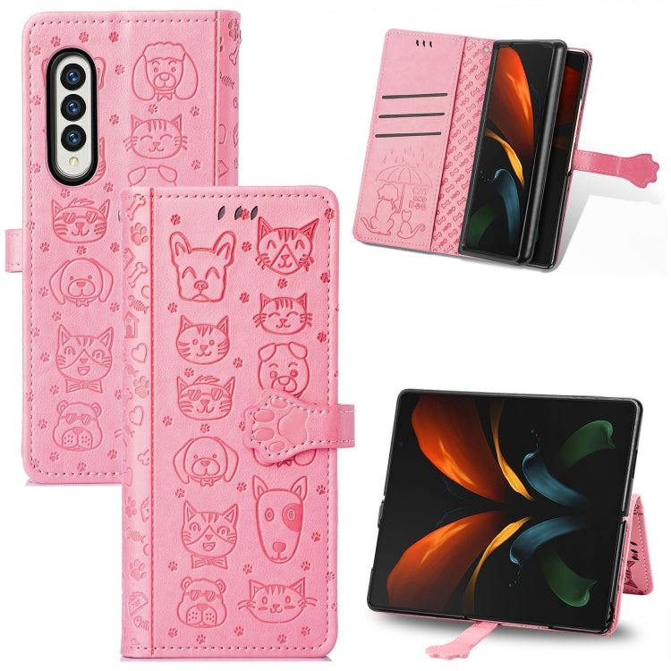 Bella custodia in pelle a vibrazione orizzontale con motivo a rilievo per cani e gatti, con supporto, slot per schede e portafoglio, For Samsung Galaxy Z Fold3 5G