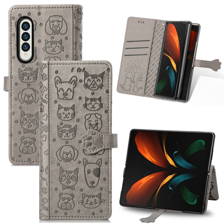 Bella custodia in pelle a vibrazione orizzontale con motivo a rilievo per cani e gatti, con supporto, slot per schede e portafoglio, For Samsung Galaxy Z Fold3 5G