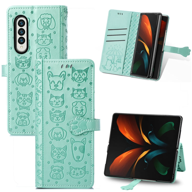 Bella custodia in pelle a vibrazione orizzontale con motivo a rilievo per cani e gatti, con supporto, slot per schede e portafoglio, For Samsung Galaxy Z Fold3 5G