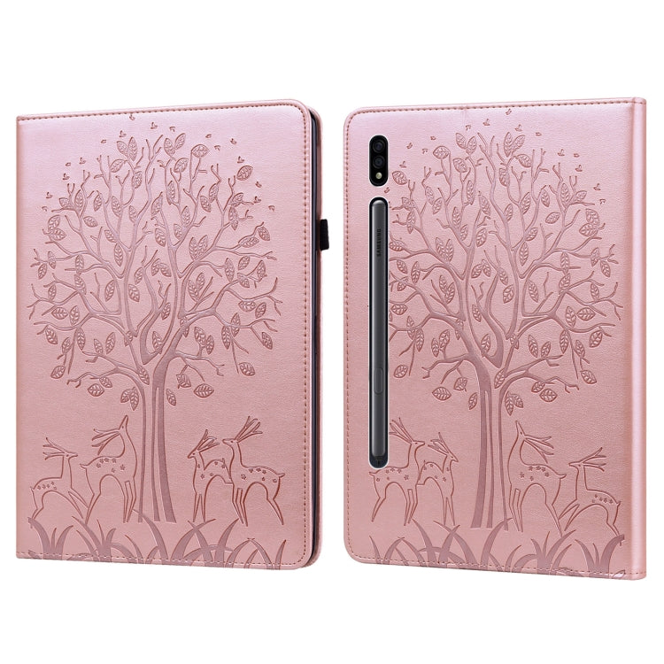 Custodia in pelle PU a vibrazione orizzontale con stampa pressata con motivo ad albero e cervo con supporto e slot per schede, For Samsung Galaxy Tab S2 9.7, For Samsung Galaxy Tab A 8.0 2019, For Samsung Galaxy Tab S8 / Galaxy Tab S7 SM-T870          ...