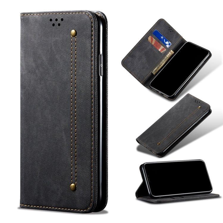 Custodia in pelle a conchiglia orizzontale in stile casual con texture denim con supporto, slot per schede e portafoglio, For OPPO Realme C21Y