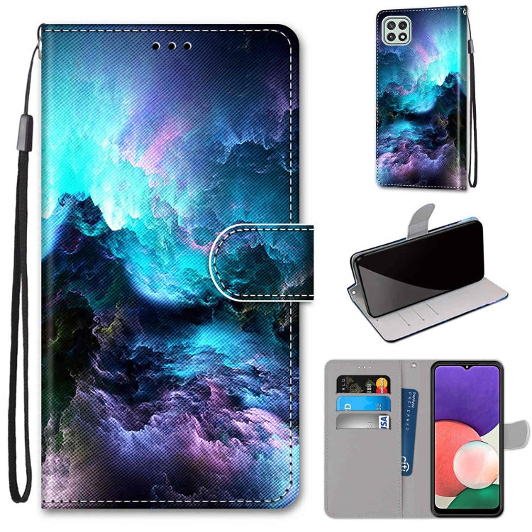 Custodia in pelle PU a vibrazione orizzontale con motivo incrociato colorato con supporto e slot per carte e portafoglio e cordino, For Samsung Galaxy A22 5G
