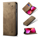 Custodia portafoglio in pelle con texture denim per iPhone 13