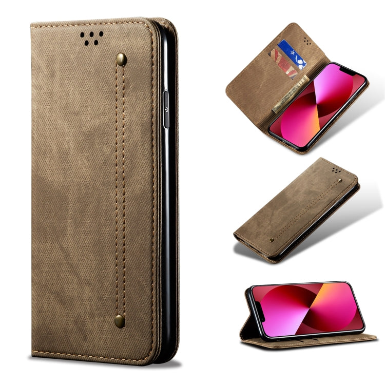 Custodia portafoglio in pelle con texture denim per iPhone 13
