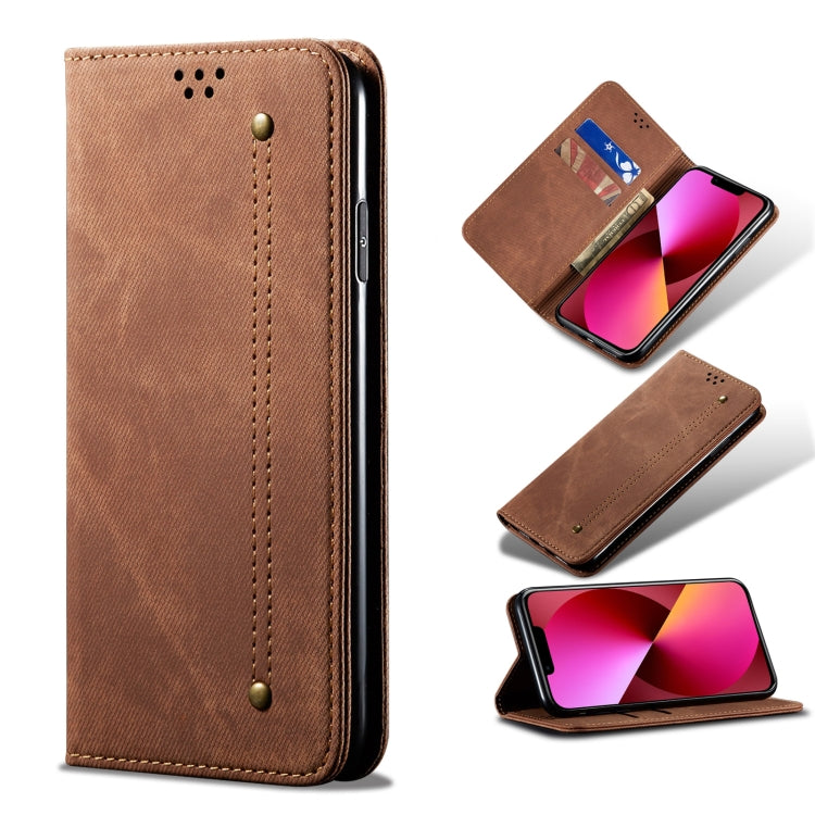 Custodia portafoglio in pelle con texture denim per iPhone 13