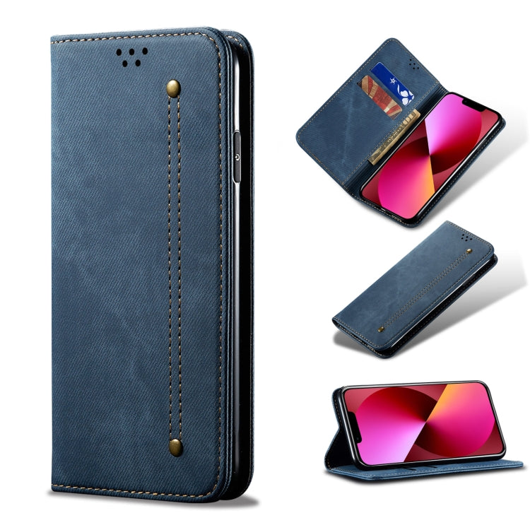 Custodia portafoglio in pelle con texture denim per iPhone 13