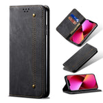 Custodia portafoglio in pelle con texture denim per iPhone 13