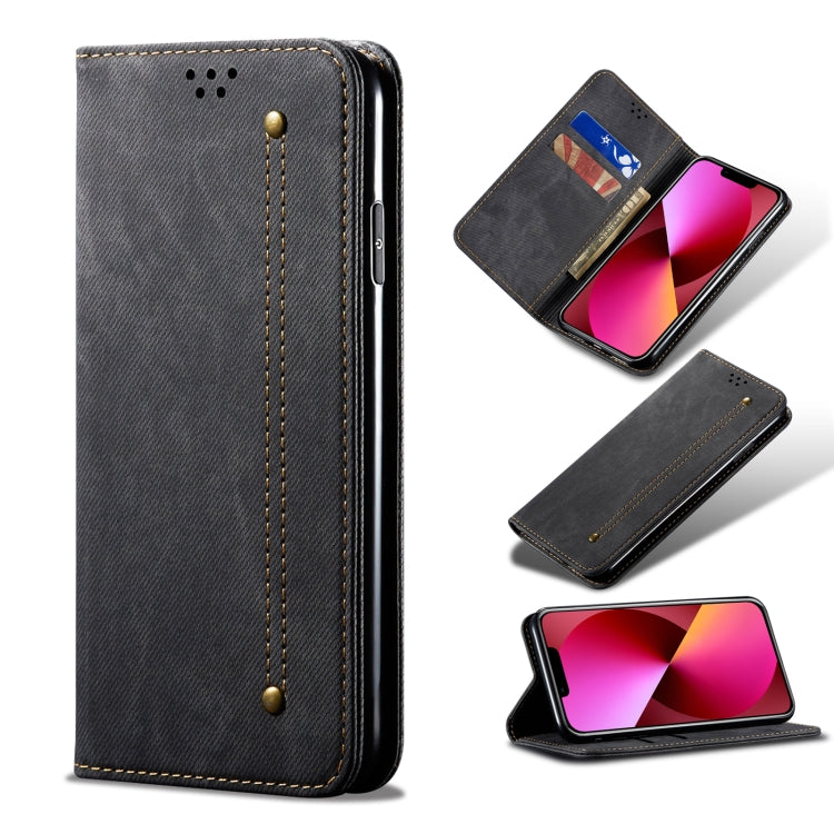 Custodia portafoglio in pelle con texture denim per iPhone 13