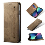 Custodia portafoglio in pelle con texture denim per iPhone 13