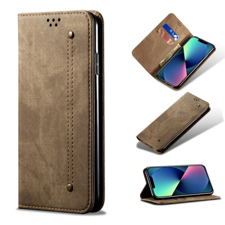 Custodia portafoglio in pelle con texture denim per iPhone 13