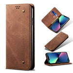 Custodia portafoglio in pelle con texture denim per iPhone 13