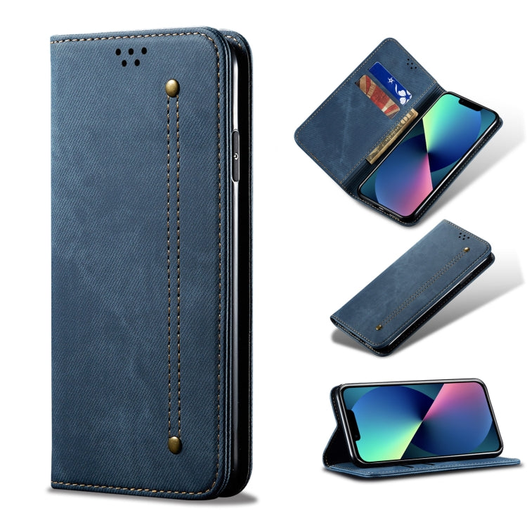 Custodia portafoglio in pelle con texture denim per iPhone 13