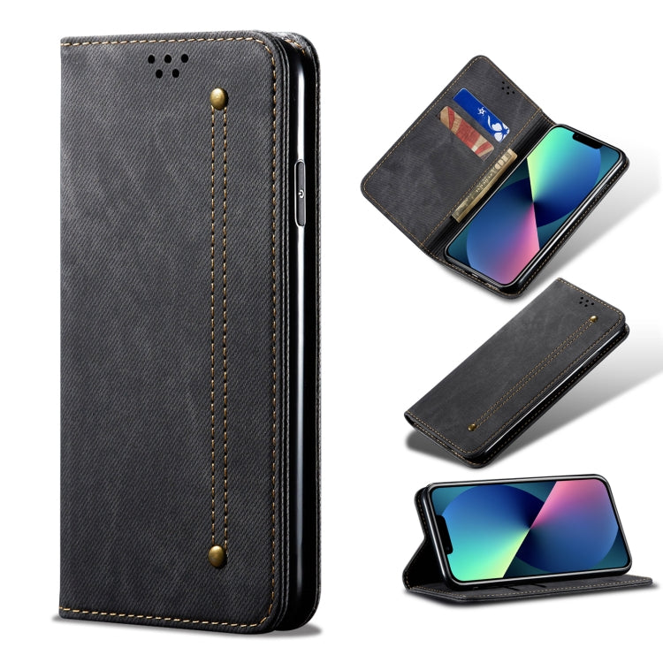 Custodia portafoglio in pelle con texture denim per iPhone 13