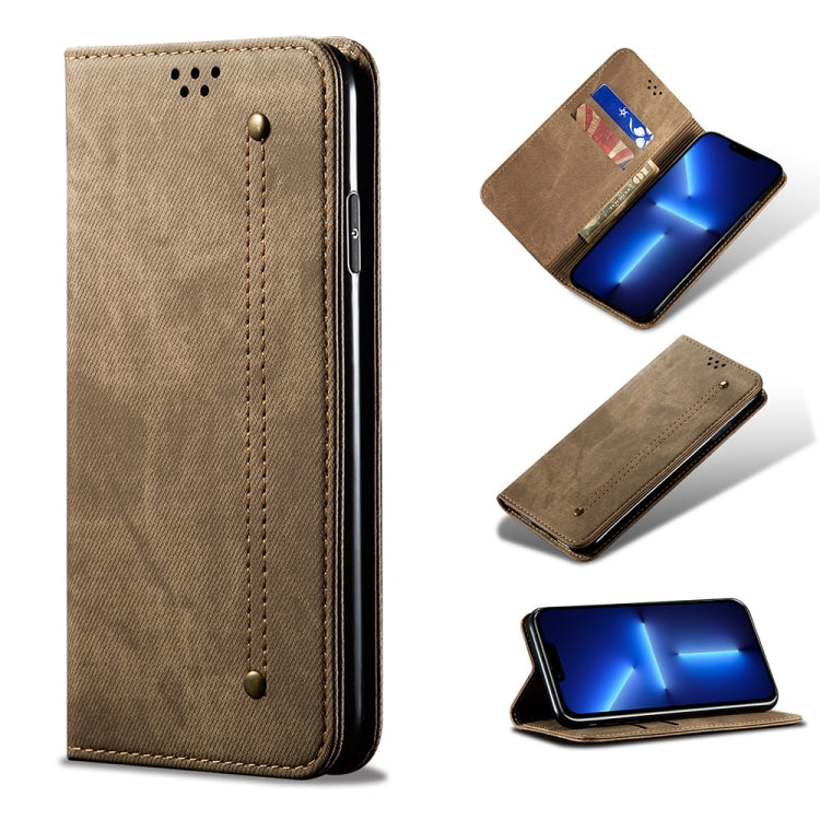 Custodia portafoglio in pelle con texture denim per iPhone 13