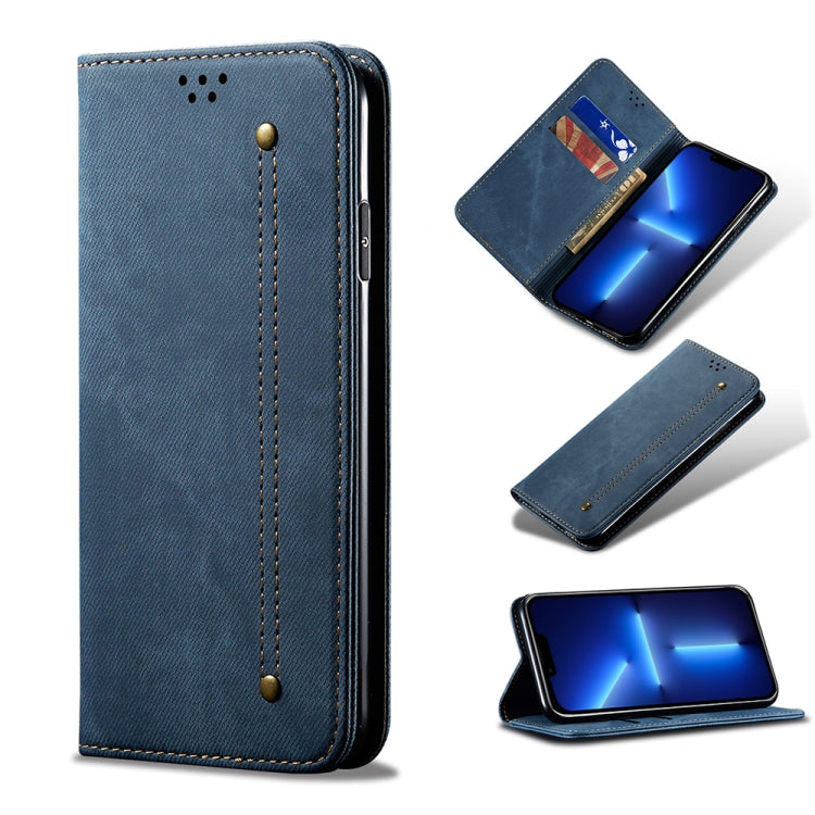Custodia portafoglio in pelle con texture denim per iPhone 13