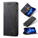 Custodia portafoglio in pelle con texture denim per iPhone 13