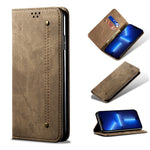 Custodia portafoglio in pelle con texture denim per iPhone 13