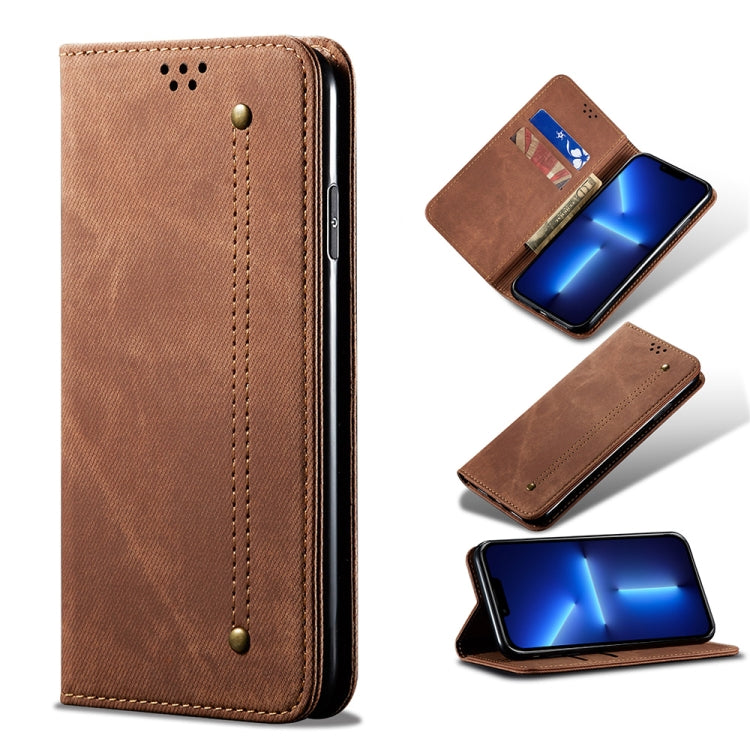 Custodia portafoglio in pelle con texture denim per iPhone 13