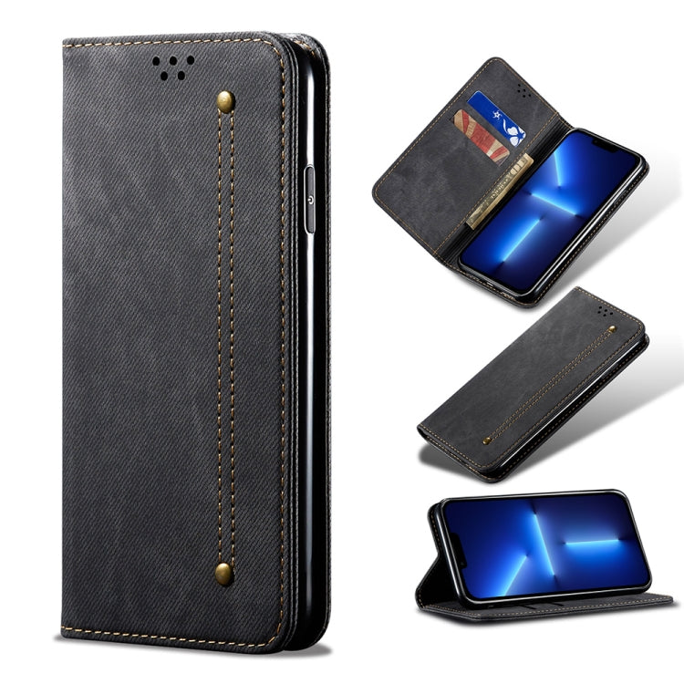 Custodia portafoglio in pelle con texture denim per iPhone 13