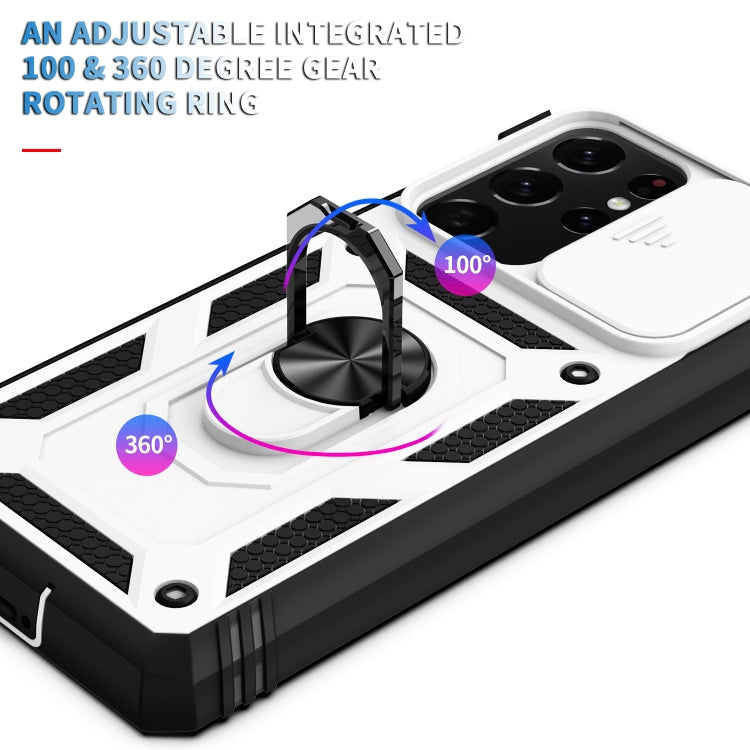 Cover per fotocamera scorrevole Custodia protettiva in TPU + PC con supporto girevole a 360 gradi e slot per schede, For Samsung Galaxy S21 Ultra 5G